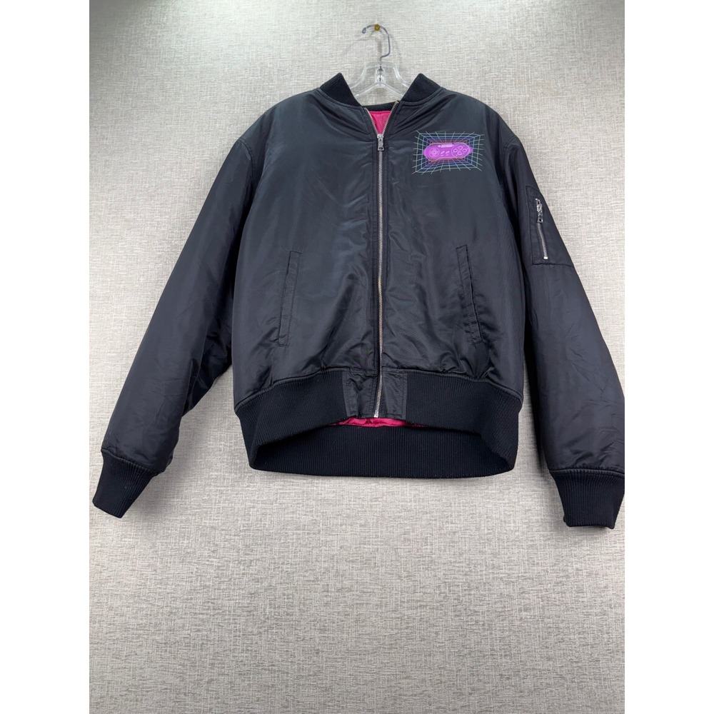Super Nintendo SNES Bomber Jacket Mens Black Pink Retro Gaming Vaporwave Graphic